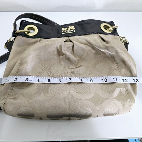 COACH Brown Tan Printed Canvas Patent Leather Top Handle Shoulder Tote Bag - Picture 15 of 16